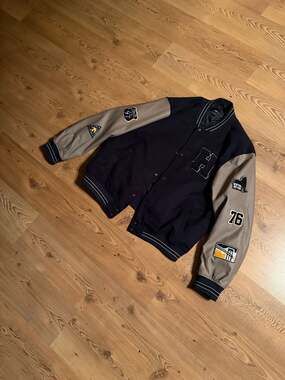 ASOS DESIGN Oversized Varsity Bomber Jacket in Navy with Mushroom Faux Leather S